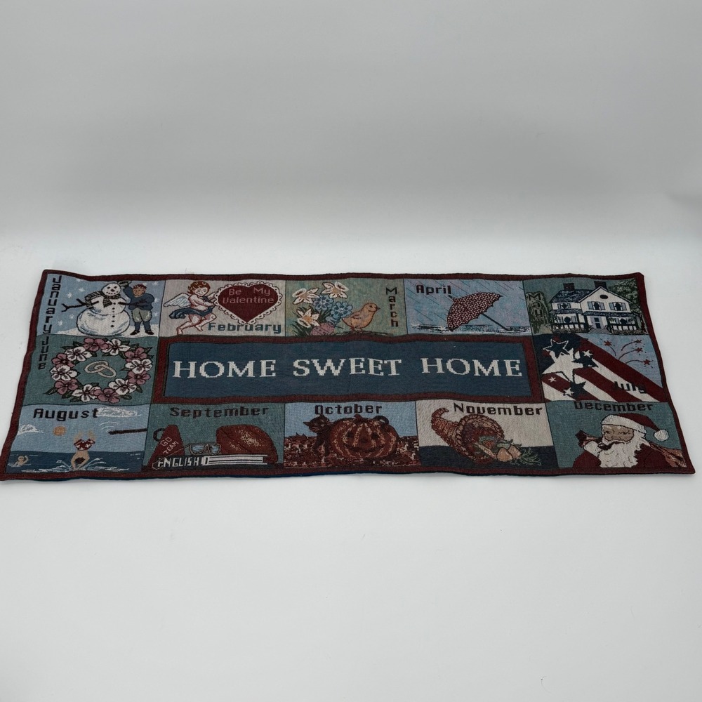 Vintage Woven Tapestry Table Runner Home Sweet Home Monthly Calendar Seasonal